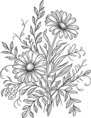 Delicate daisy flower bouquet sketch with intricate leaves and vines for artistic design projects