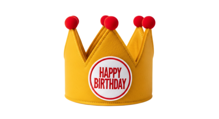 Yellow happy birthday crown with red pom poms isolated on transparent background