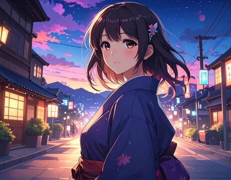 An anime girl, in a kimono, smiles at the viewer. She stands on a street with Japanese buildings at sunset. Lanterns and lights illuminate the scene