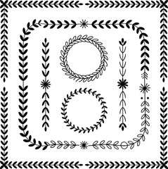 Decorative hand-drawn floral leaf border elements and wreaths for design projects