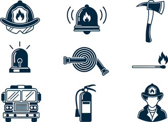 Firefighter equipment icons set showing truck helmet hose axe extinguisher alarm siren match