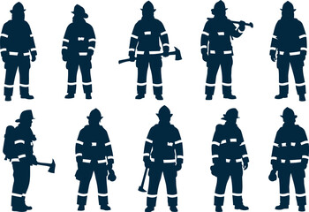 Group of ten diverse firefighters in full protective gear holding tools ready for action silhouettes