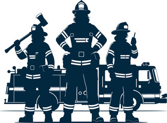 Brave firefighters in uniform standing proudly next to a fire truck ready for duty