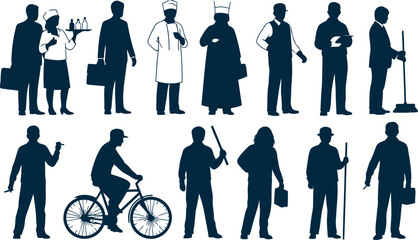Diverse group of silhouetted professionals and workers in various occupations and activities collection