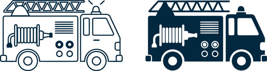 Simple fire truck icon outline and flat color design side view for emergency services and safety