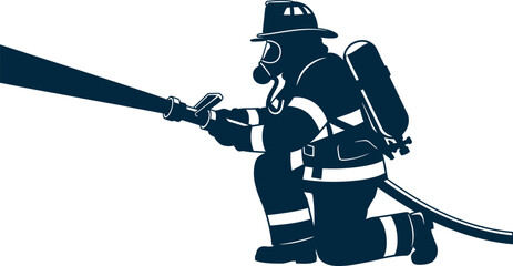 Brave firefighter in protective gear with hose spraying water during an emergency operation