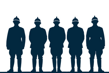 Five silhouetted soldiers in historical military uniforms standing in formation side by side