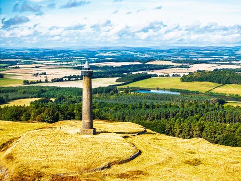 Waterloo Monument over Scottish fields and farms, Jedburgh, Scotland, UK