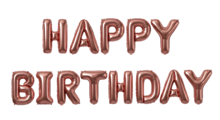 Rose gold foil balloons spelling happy birthday isolated on transparent background
