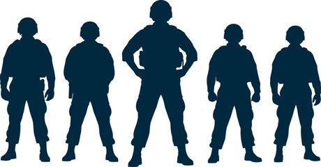 Five diverse soldiers in uniform standing together representing unity teamwork and national security strength