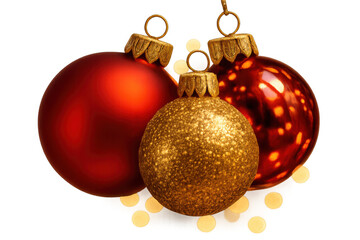 Christmas ornaments composition with red and gold baubles and festive glitter lights on transparent background