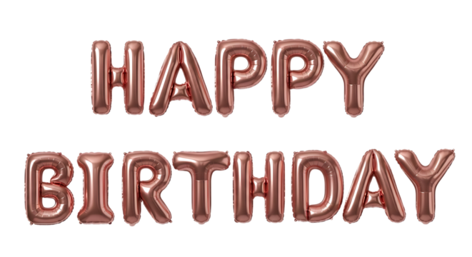 Rose gold foil balloons spelling happy birthday isolated on transparent background
