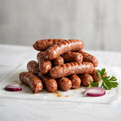 Smoked pork sausages on a wooden plate with a fork ready for a tasty meal