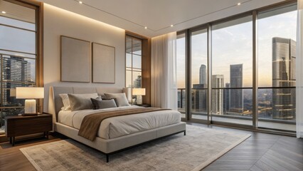 Fototapeta premium luxury penthouse decor scene Modern bedroom interior with large windows showcasing a city skyline at sunset.