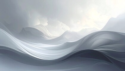 An ethereal digital painting featuring abstract, flowing forms resembling rolling hills or waves under a cloudy, diffused light. The palette is mostly grayscale