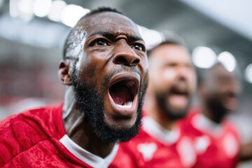Celebration of victory by soccer players in red jerseys at a stadium during an exciting match
