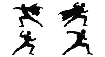 Silhouettes of dynamic superheroes in powerful action poses against white background