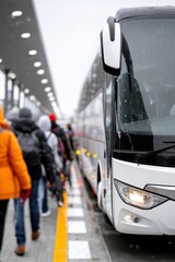 Passengers wait for their bus at a snowy station in evening light during winter weather