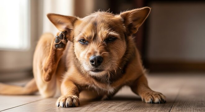 Fototapeta Itchy Chihuahua Dog Scratching Ear on Wooden Floor.