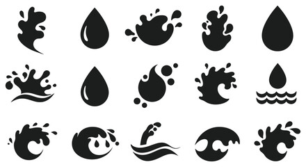 Collection of various black water droplet and splash graphic elements