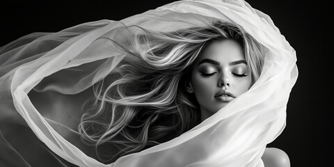 A woman with long blonde hair is wrapped in a white veil