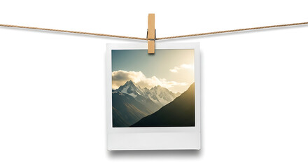 An instant film photo of a sunlit mountain range hanging from a clothesline with a wooden pin on a white background.