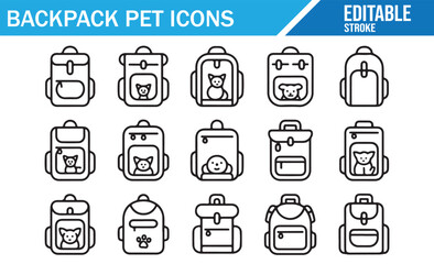 Editable stroke vector icons of pet backpacks, cat and dog travel bag illustrations