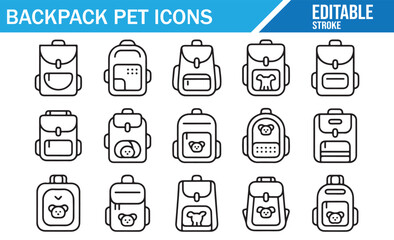 Pet backpack vector icon collection, editable stroke line art for cat and dog travel bags
