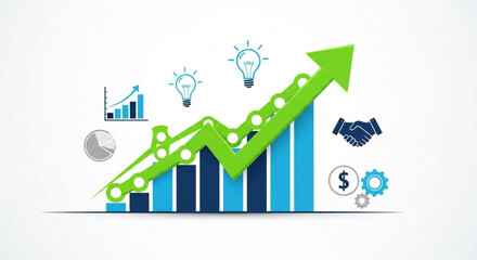 Business growth chart with upward trend and creative idea generation icons