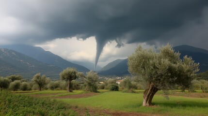 A massive tornado vortex swirls powerfully in the rural countryside of the Middle East, rising between rows of olive trees in a green garden. The dramatic sky and dusty wind create an intense and atmo