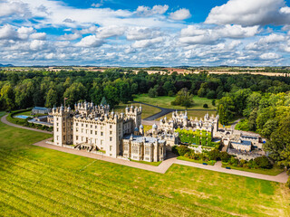 Floors Castle from a drone, Duke of Roxburghe, Roxburghshire, Scotland, UK