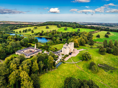 Floors Castle from a drone, Duke of Roxburghe, Roxburghshire, Scotland, UK