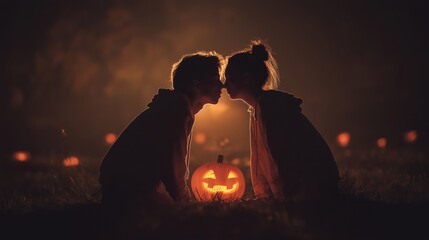 silhouette shadow of young love couple lean for kissing at Halloween night 