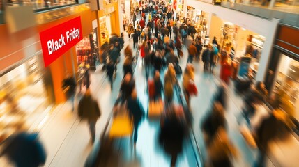 Obraz premium Crowd of shoppers carrying bags during Black Friday sale, motion blur effect. Perfect for website advertising and marketing materials