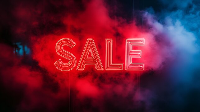 Dark background with red neon SALE sign, smoke and light effects, modern urban Black Friday concept. Perfect for website advertising and marketing materials