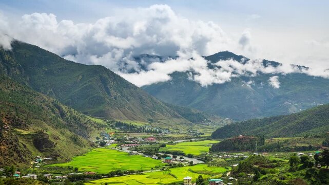 Looking out over the rice terraces in the city of Paro in Bhutan.
