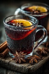 Mulled Wine, Fruit Punch. Seasonal hot drink made with wine, orange, cranberry, spiced with cinnamon and anise.