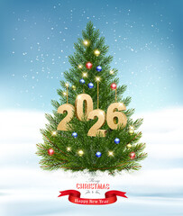 Holiday background with Christmas tree with garland and a gold 2026. Vector.