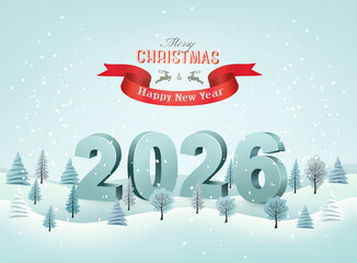 Abstract Holiday Christmas and Happy New Year background with a winter landscape and  christmas trees. Vector.