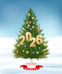 Holiday background with Christmas tree with garland and a gold 2026. Vector.
