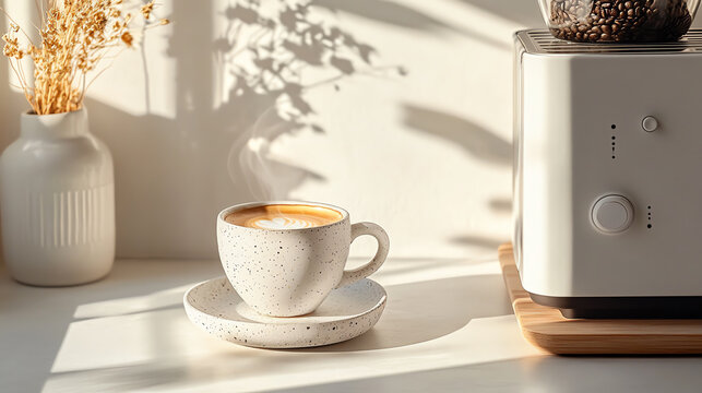 minimal espresso setup with ceramic cup and steam, bright neutral background, commercial stock look