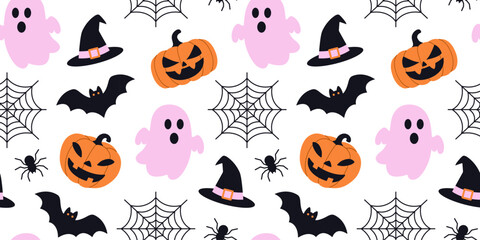 Seamless Halloween pattern: pink ghost, pumpkin, witch hat, bat, spider, web. For background, wrapping paper, card, banner, textile, print packaging, wallpaper, fabric, holiday decor. Flat vector.