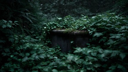 An ancient stone sarcophagus is heavily overgrown with lush green vines and foliage in a dark mysterious forest setting