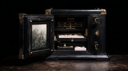 An antique ornate jewelry safe is open revealing a luxurious collection of gold and gem jewelry within its velvet lined compartments