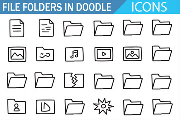 Doodle style file and folder icon set for document and media organization design