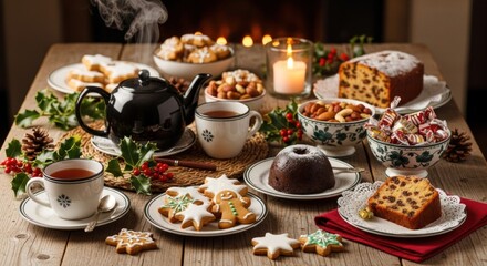 Festive Christmas table setting with tea, cookies, cake, pudding, nuts, and a lit candle, creating a cozy holiday atmosphere.