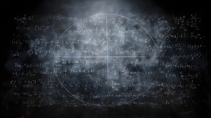 Dark chalkboard densely covered in complex mathematical equations and scientific formulas with a central circular grid