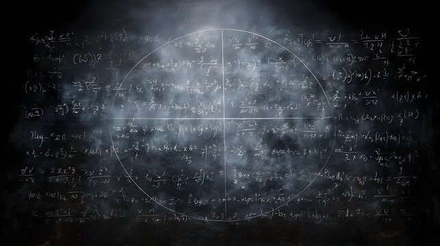 Dark chalkboard densely covered in complex mathematical equations and scientific formulas with a central circular grid