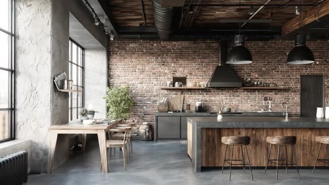 Interior view of industrial kitchen featuring brick wall, island, wooden ceiling and large windows