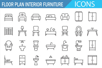 Editable outline icons of furniture for bathroom, bedroom, and living room planning